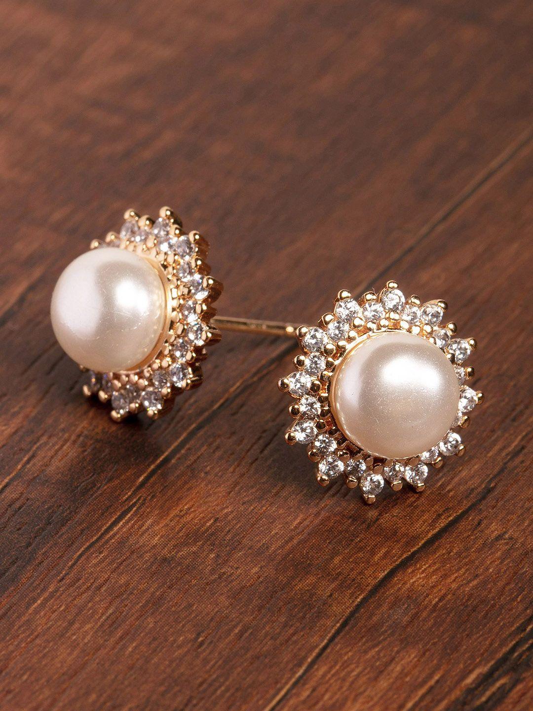 zaveri pearls off-white gold-plated cz-studded beaded spherical studs
