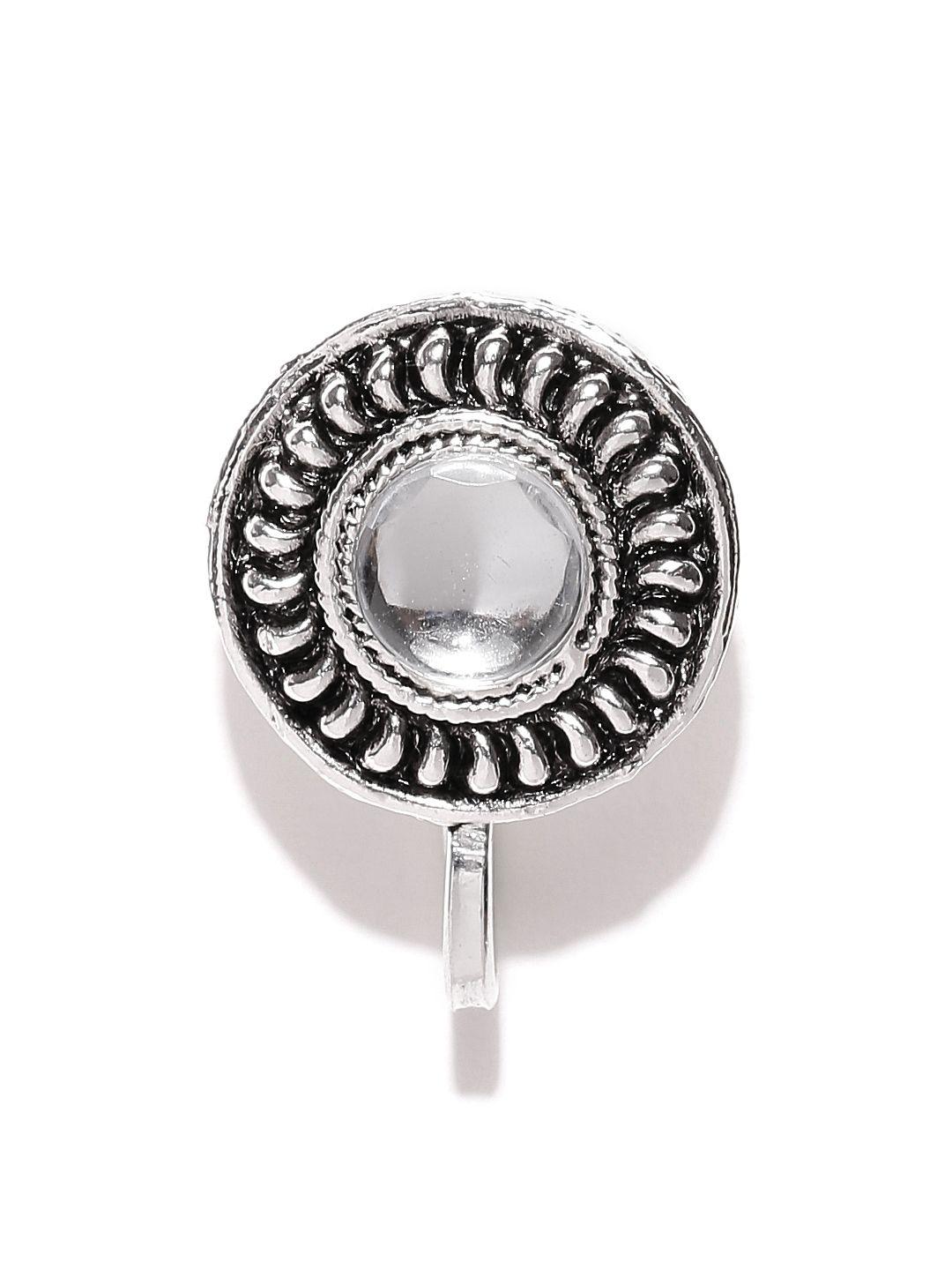 zaveri pearls oxidised silver-plated textured stone-studded nosepin