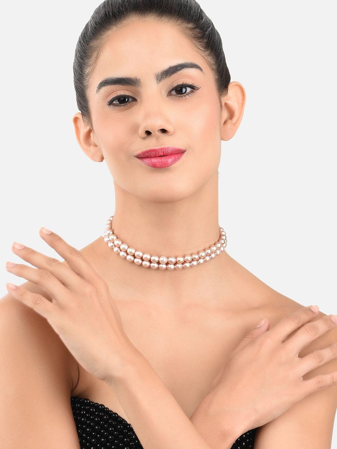 zaveri pearls peach-coloured silver-plated freshwater rice pearl choker necklace