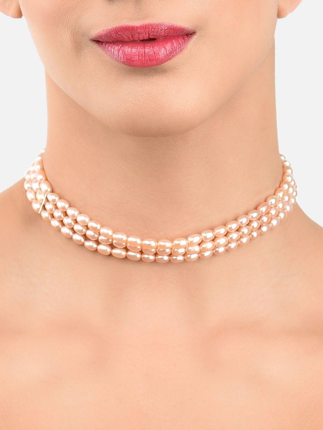 zaveri pearls peach-coloured silver-plated rice pearl choker necklace
