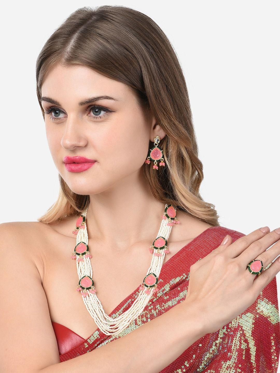 zaveri pearls pink stones & green beads multi strand pearls necklace earring & ring set