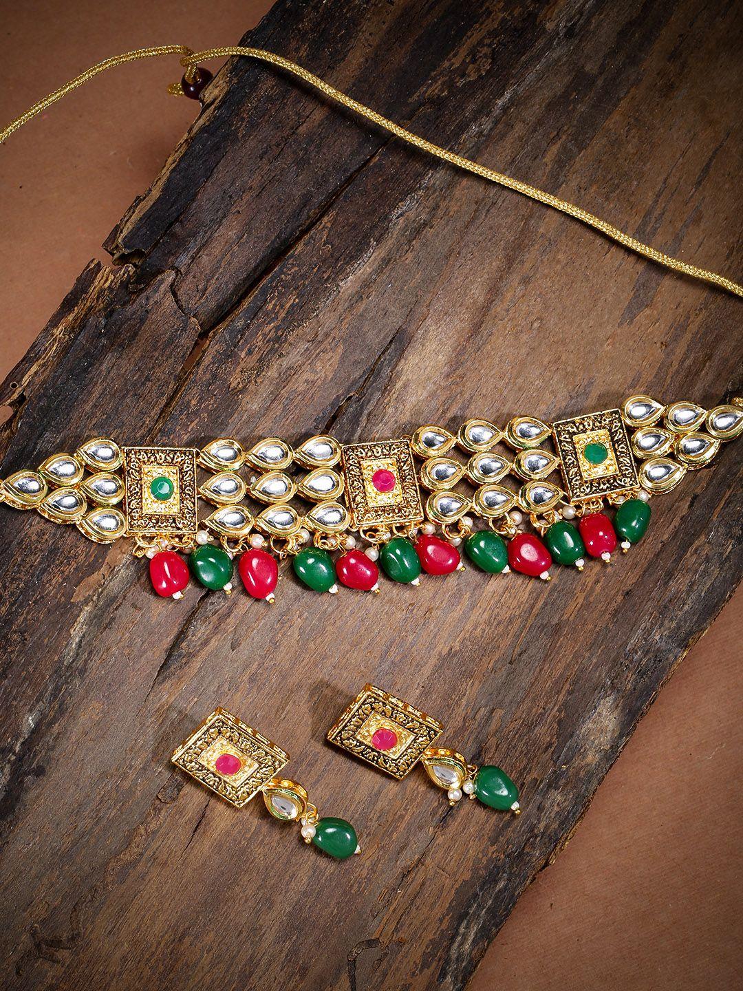 zaveri pearls red & green antique gold-plated kundan & bead studded jewellery set