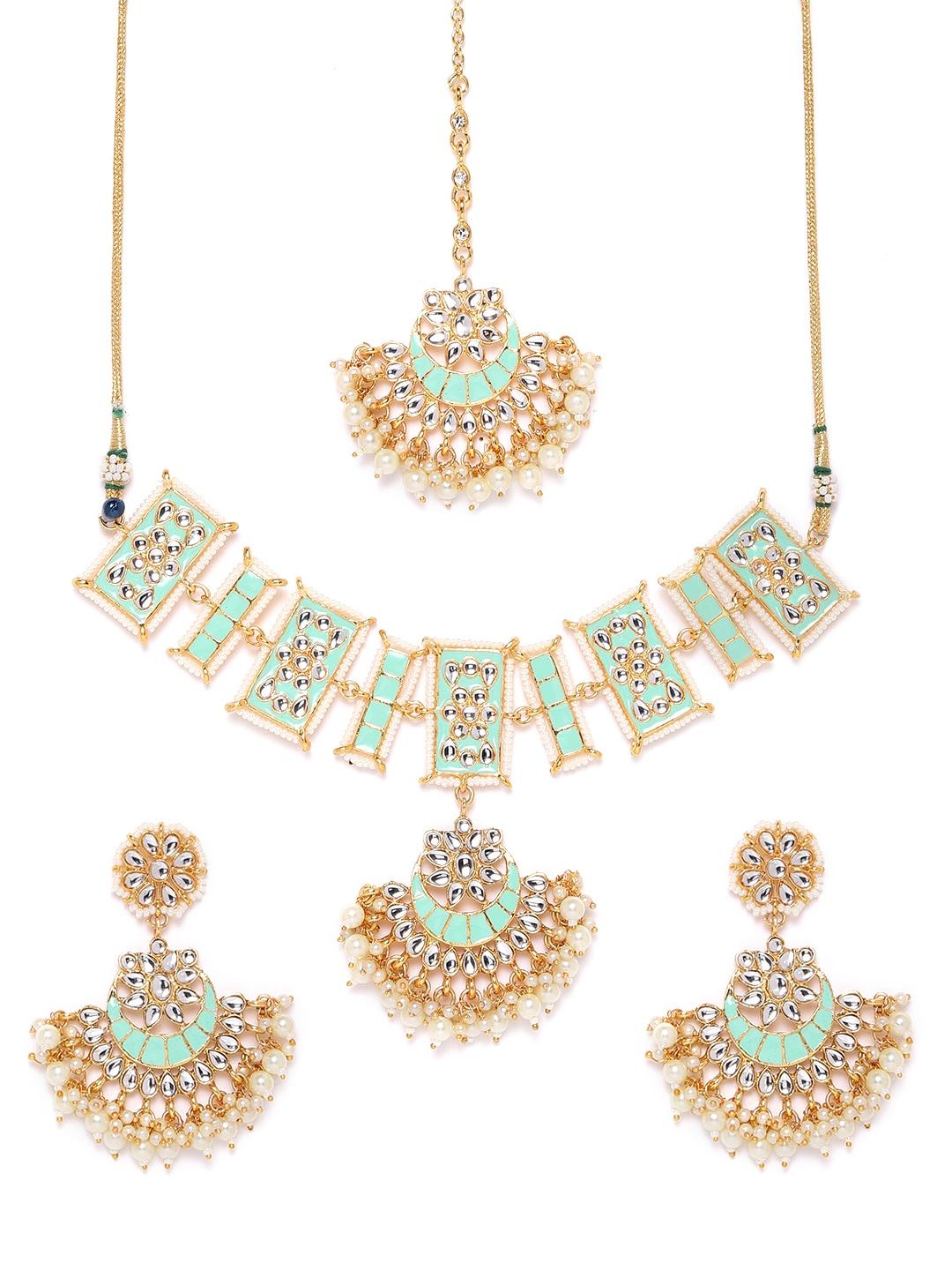 zaveri pearls sea green gold-plated enamelled kundan-studded beaded jewellery set