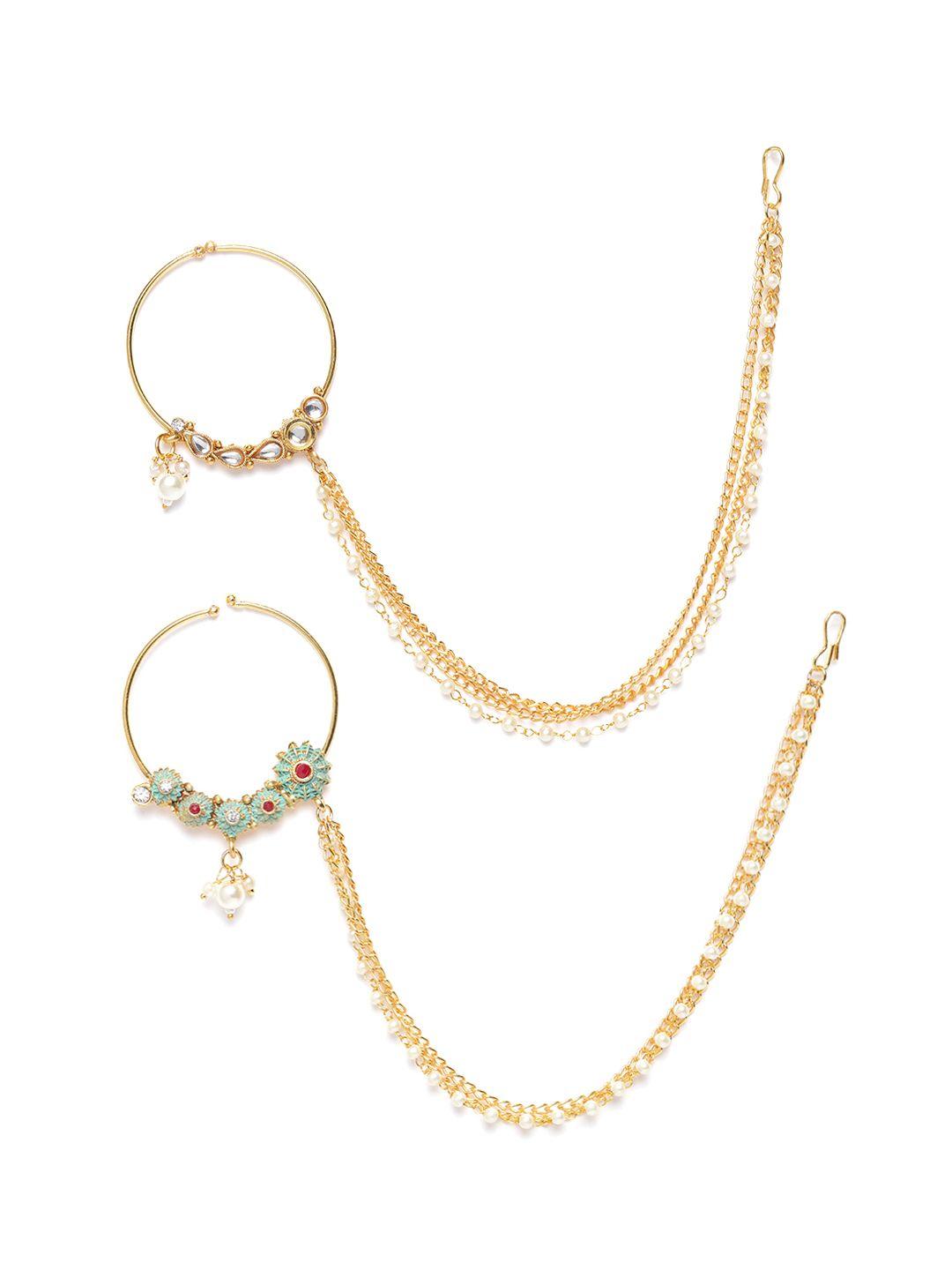 zaveri pearls set of 2 gold-plated kundan-studded & beaded chained nose rings