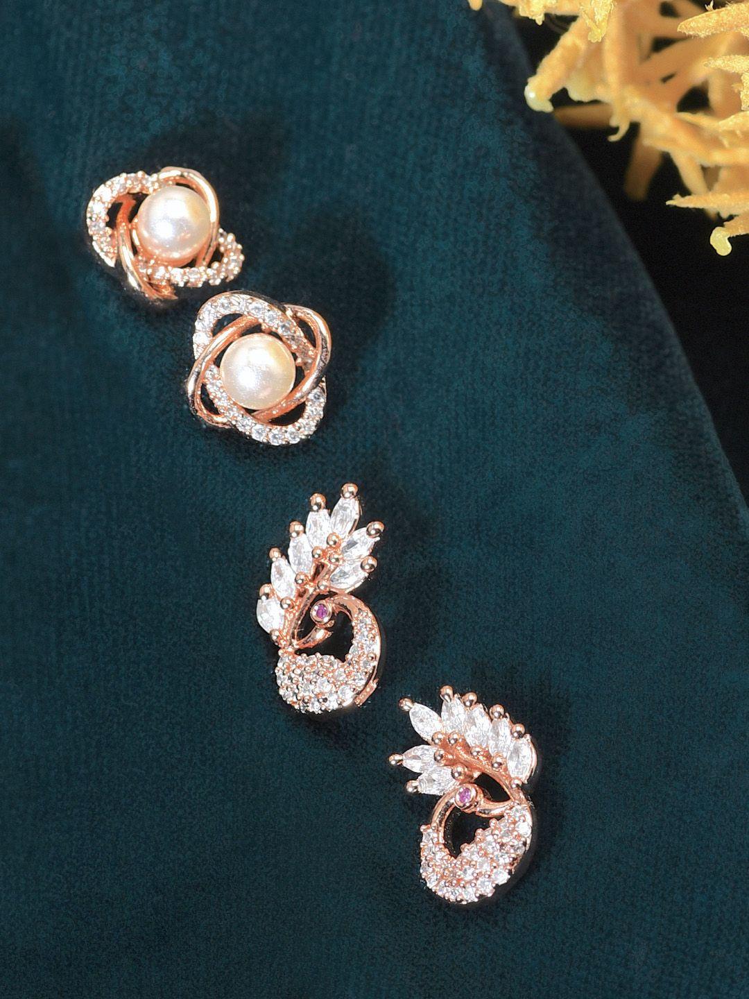 zaveri pearls set of 2 rose gold-plated handcrafted contemporary studs