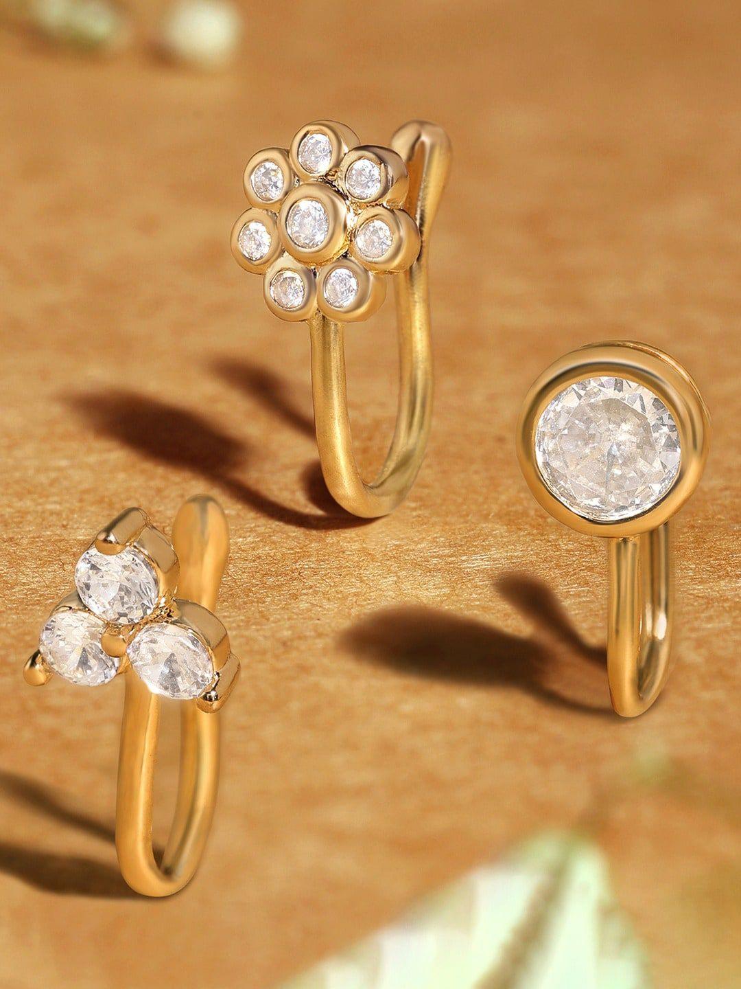 zaveri pearls set of 3 cz stone-studded clip on nose pins