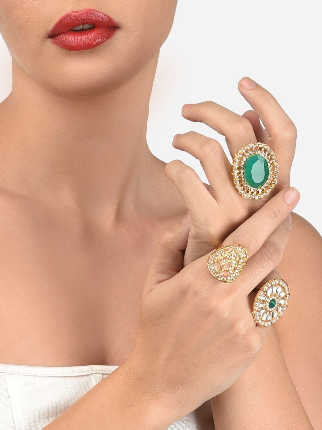 zaveri pearls set of 3 gold-plated multi-coloured ethnic adjustable finger rings
