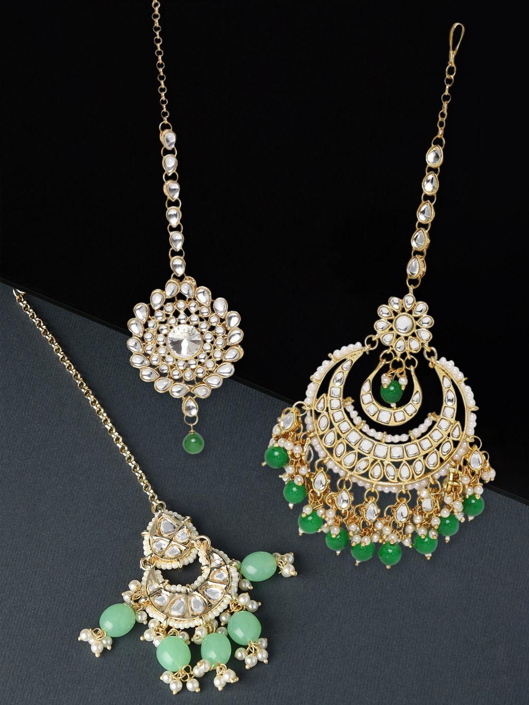 zaveri pearls set of 3 green & white gold-plated kundan-studded maang tikka