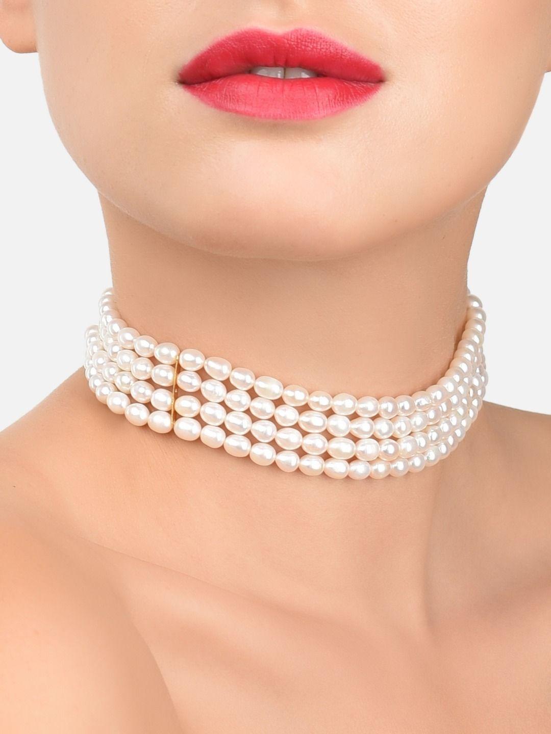 zaveri pearls white & gold-plated freshwater rice pearls choker necklace