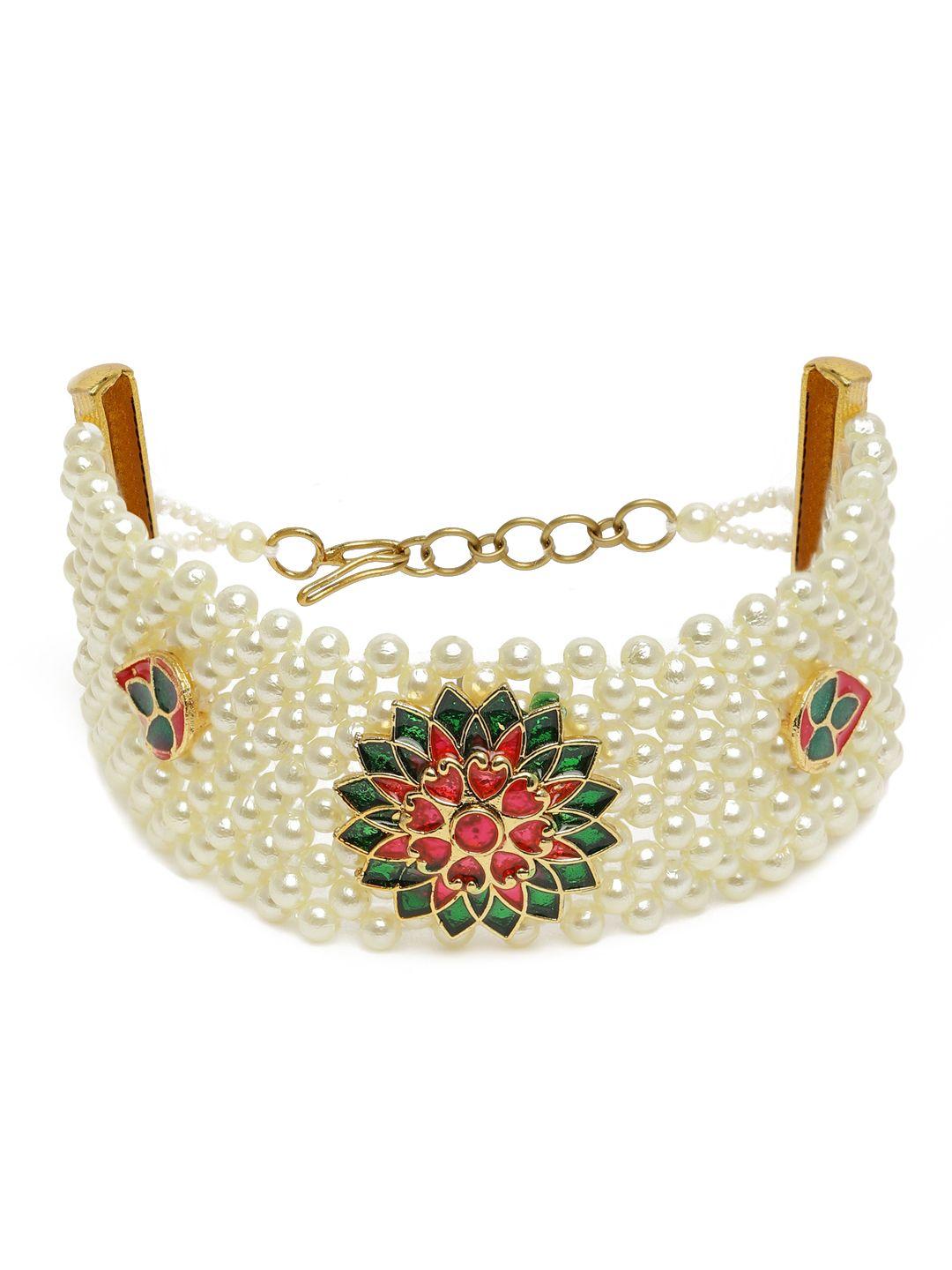 zaveri pearls white & gold-plated meenakari wraparound bracelet