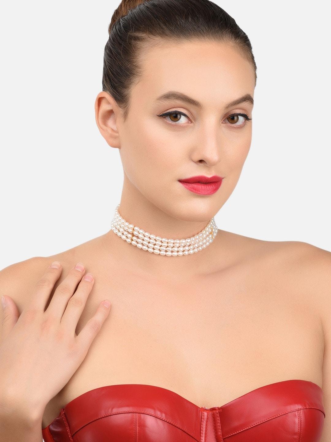 zaveri pearls white gold-plated freshwater rice pearl choker necklace