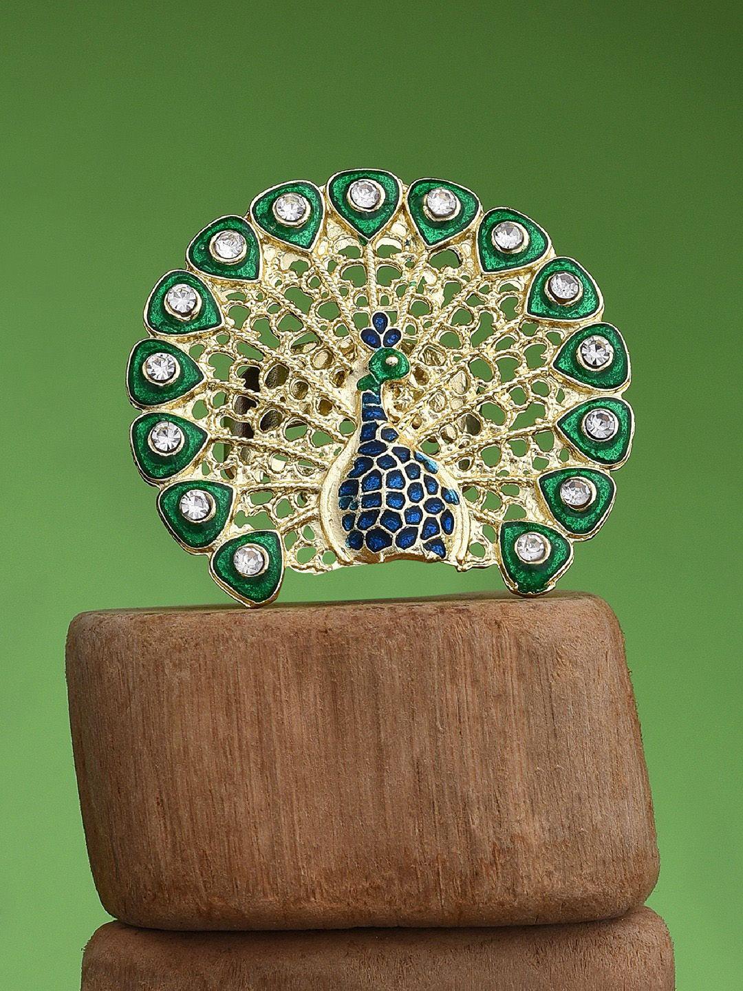 zaveri pearls women gold-plated blue & green kundan studded meenakari adjustable finger ring