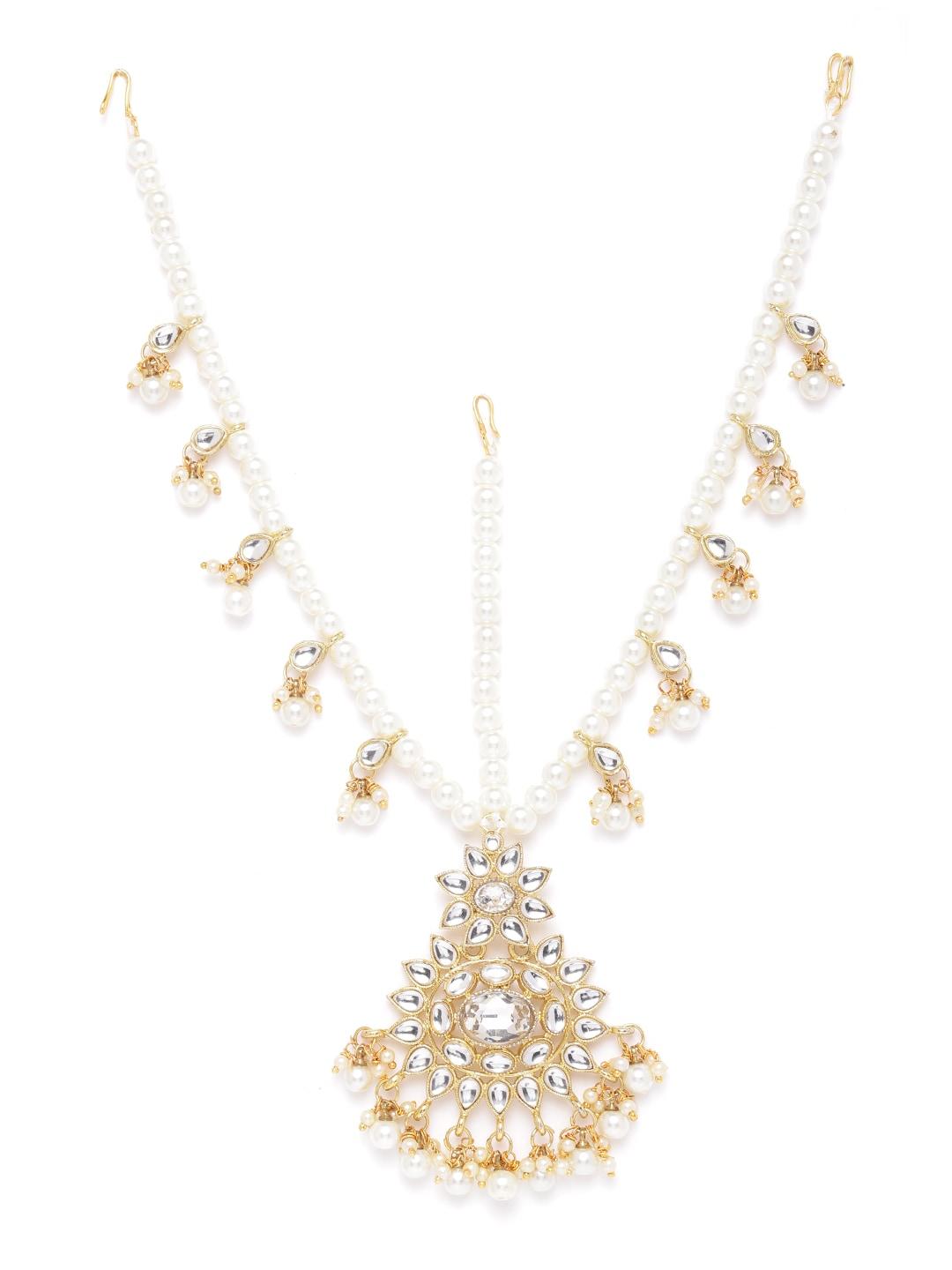 zaveri pearls women off white gold-plated kundan-studded & beaded matha patti
