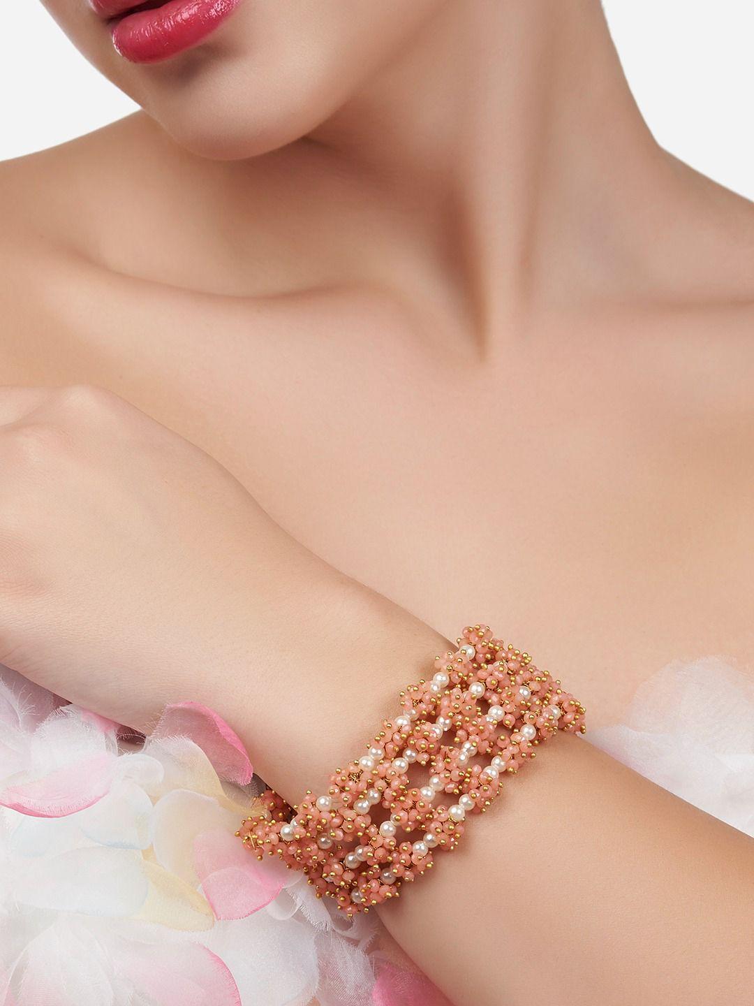 zaveri pearls women peach-coloured gold-plated wraparound bracelet