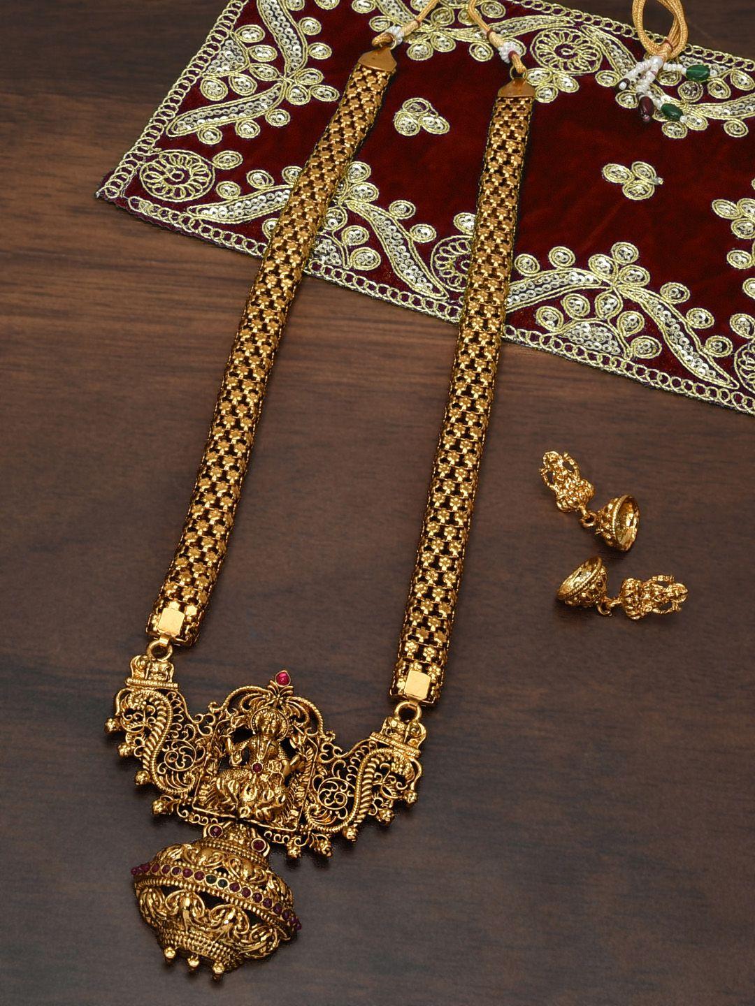 zaveri pearls antique gold-plated studded long temple jewellery set