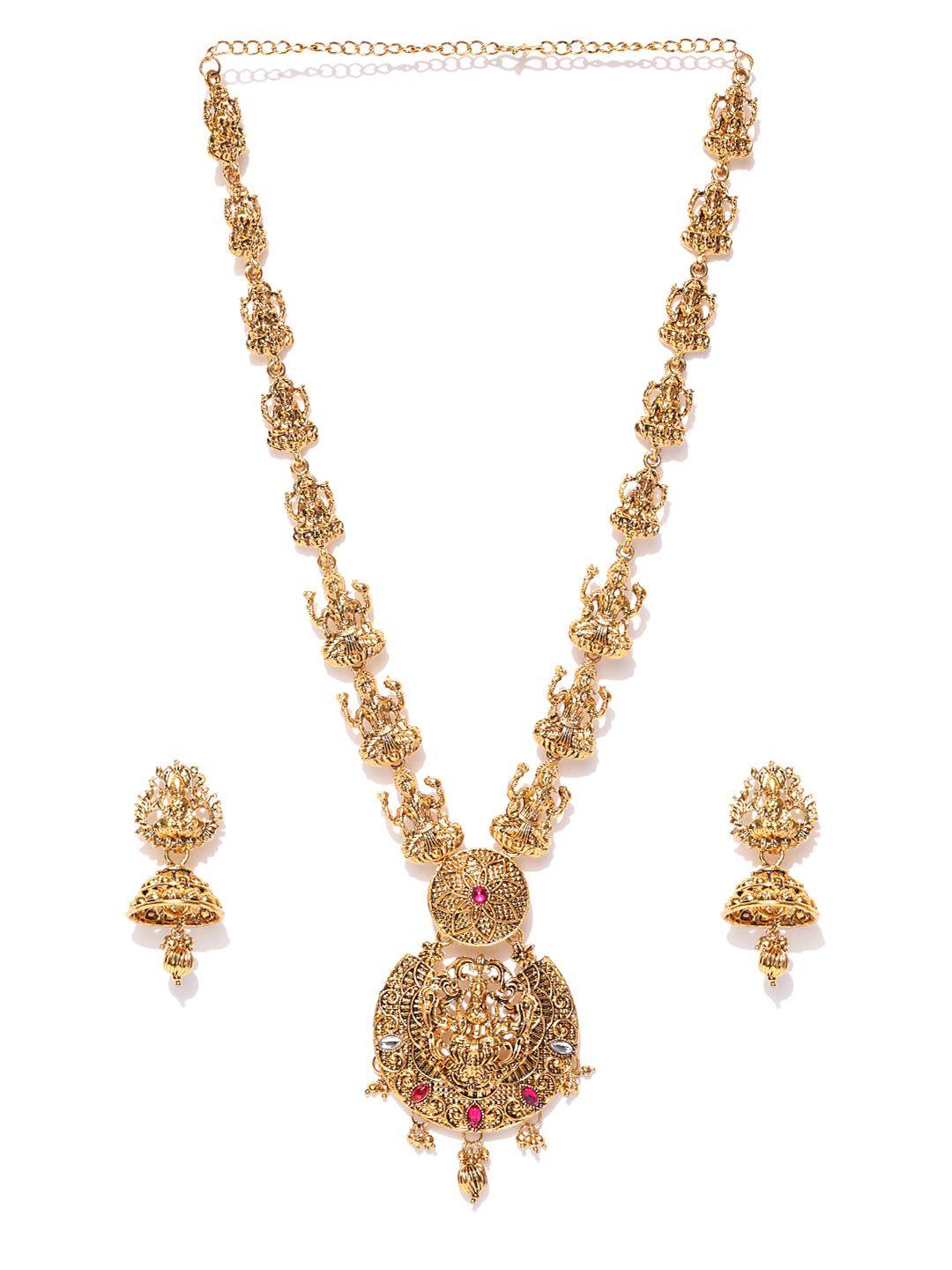 zaveri pearls antique gold-toned stone-studded goddess temple jewellery set