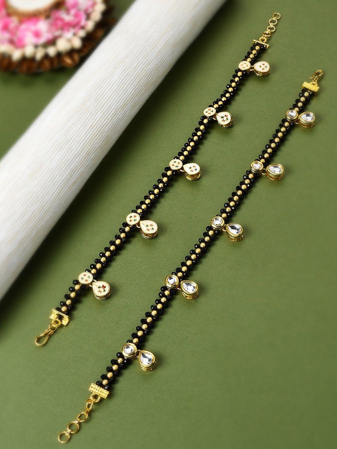 zaveri pearls black & gold-plated beaded anklets