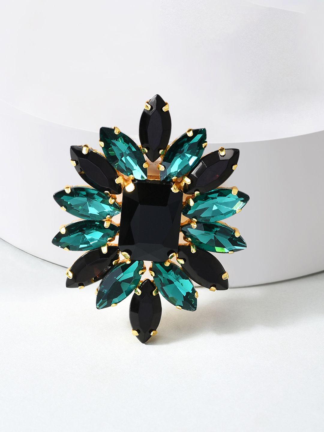 zaveri pearls black & green gold-plated crystal adjustable finger ring