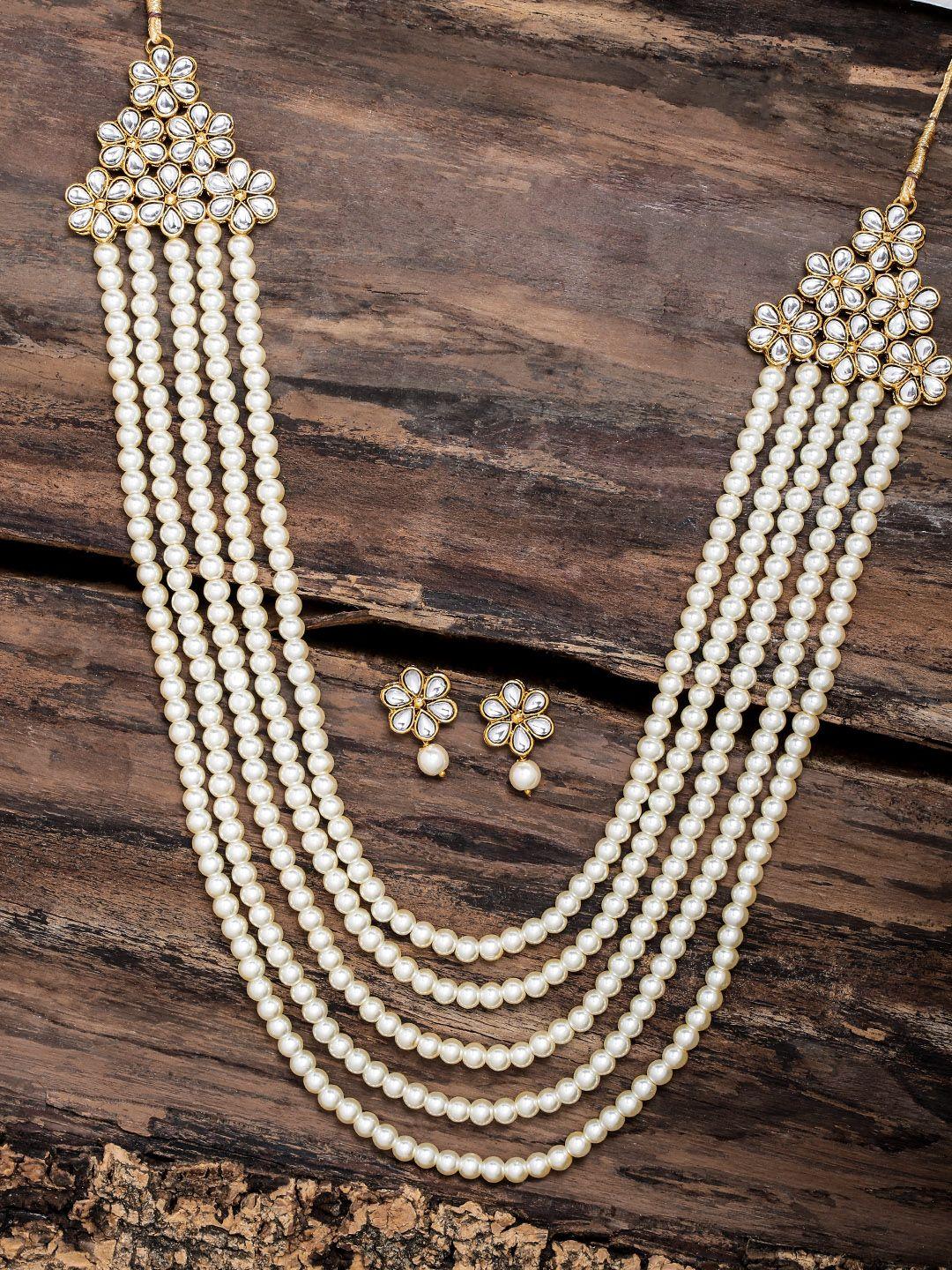 zaveri pearls god-toned & off-white multi strand pearl jewellery set