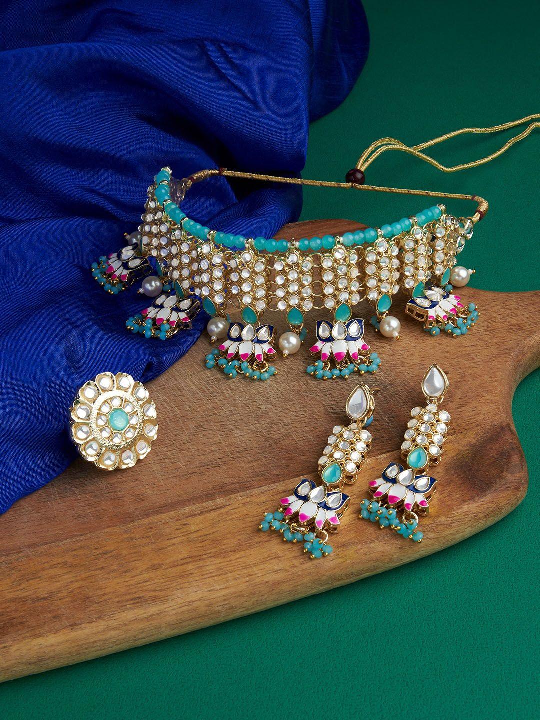 zaveri pearls gold-plated blue & pink kundan-studded & beaded meenakari jewellery set