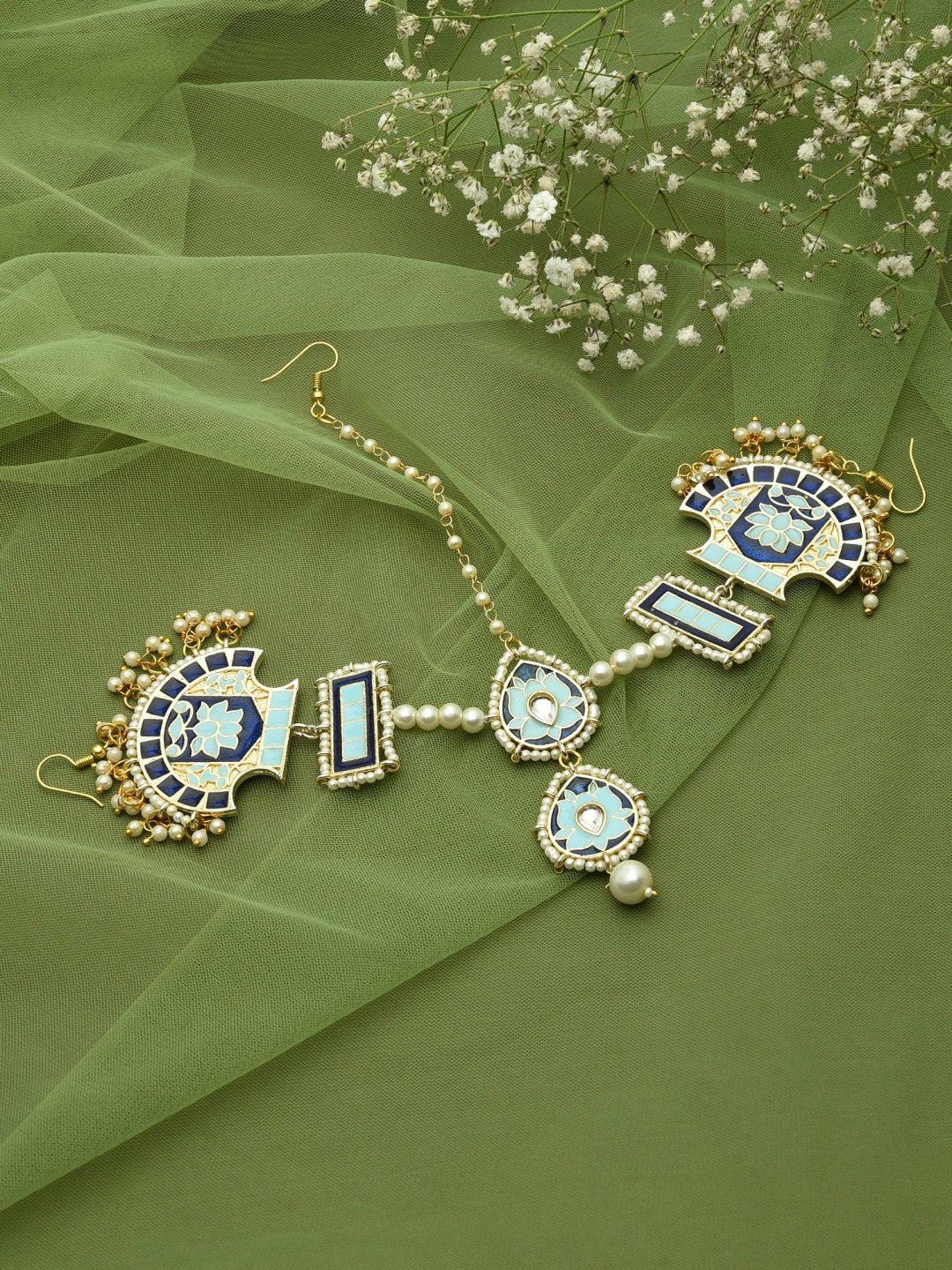 zaveri pearls gold-plated blue meenakari lotus design bridal head jewellery