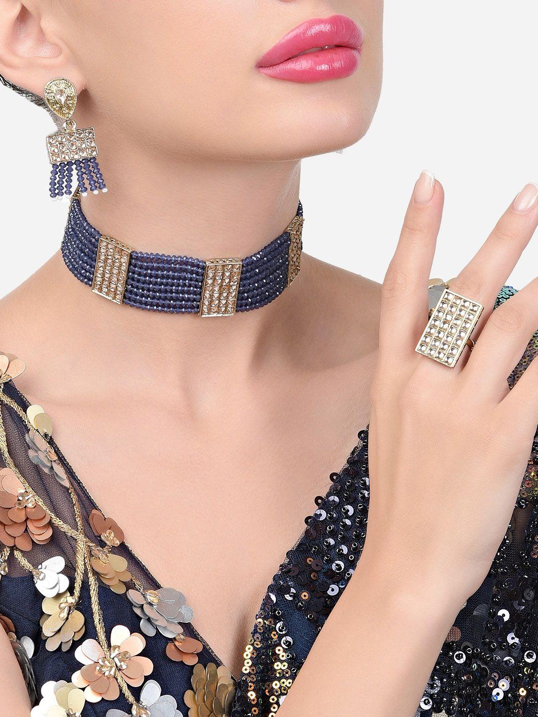 zaveri pearls gold-plated crystal studded & beaded jewellery set