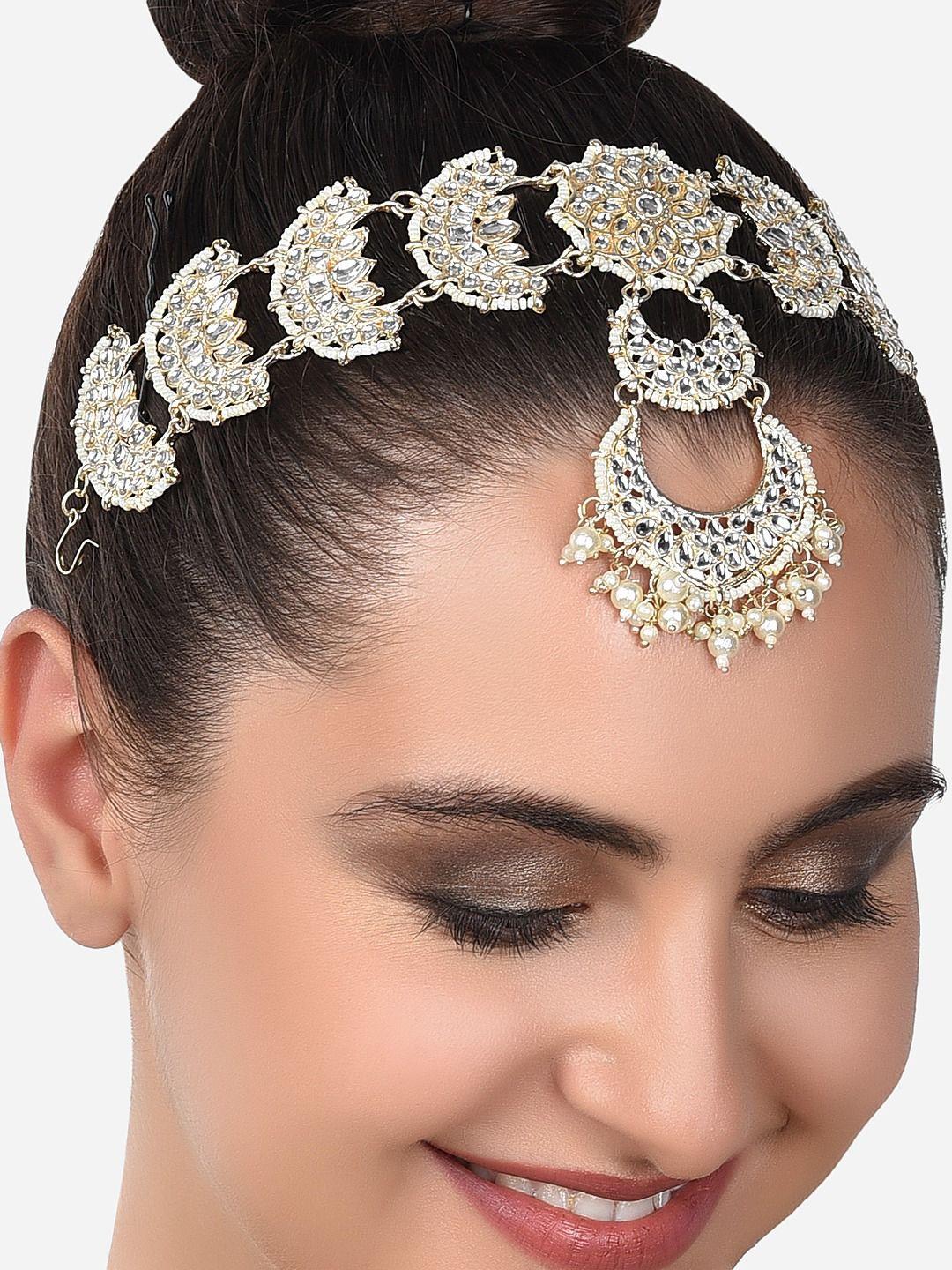 zaveri pearls gold-plated gold-toned kundan studded matha patti head jewellery