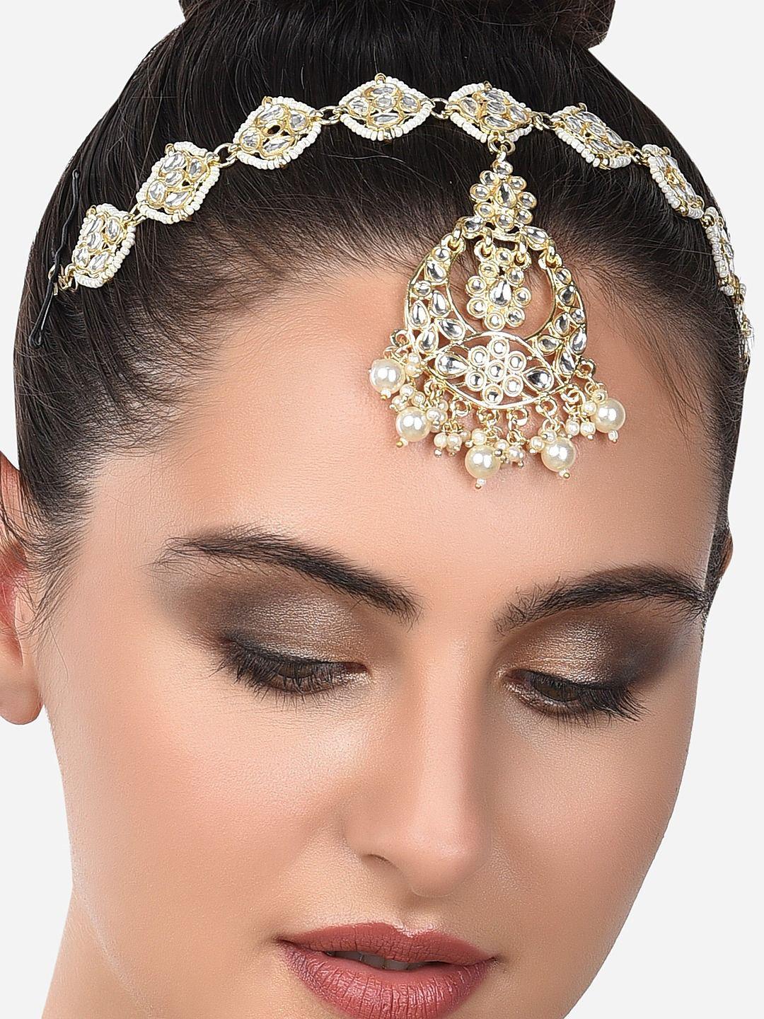 zaveri pearls gold-plated gold-toned kundan studded matha patti head jewellery