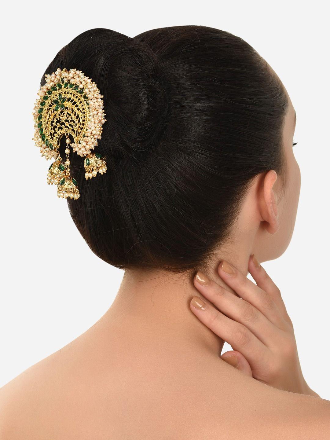 zaveri pearls gold-plated green & white stone-studded & pearl beaded hair bun pin