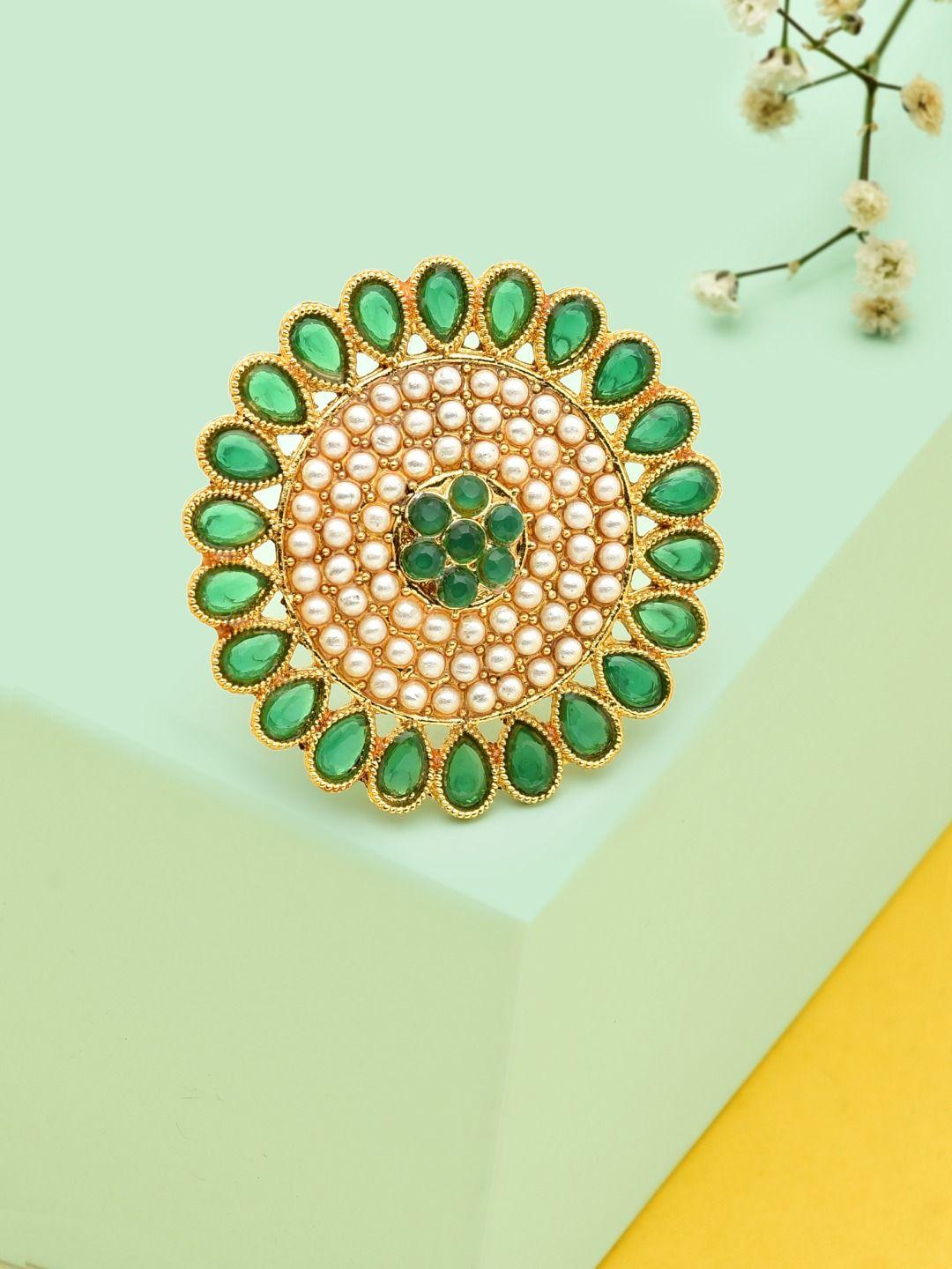 zaveri pearls gold-plated green stones-studded & pearls beaded adjustable finger ring