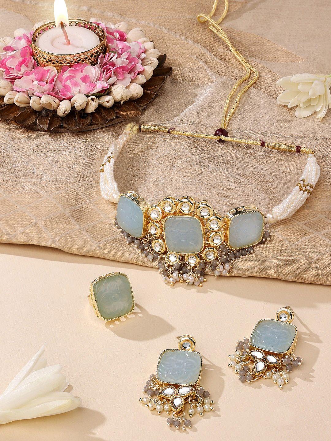 zaveri pearls gold-plated grey pearl-studded jewellery set