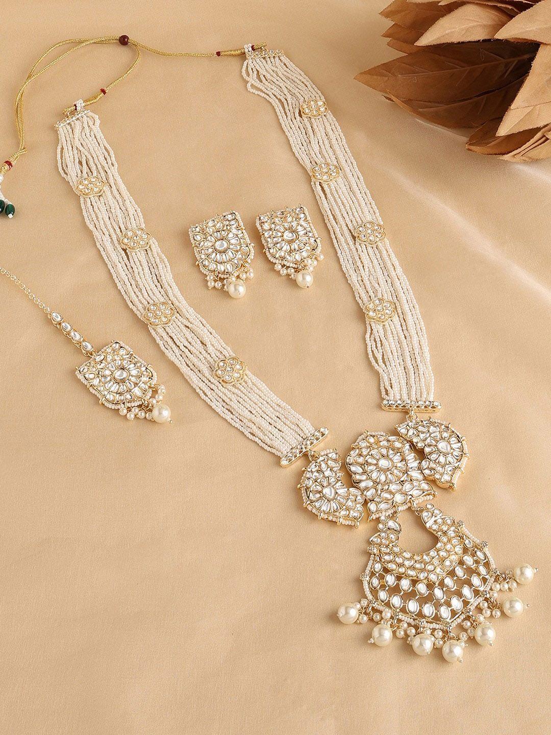 zaveri pearls gold-plated kundan stone studded & bedded jewellery set