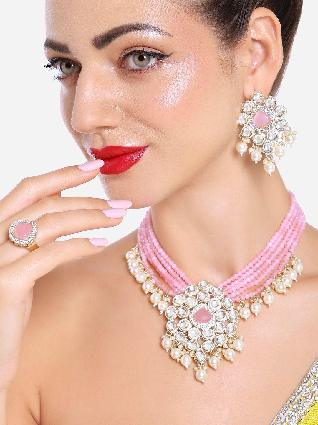 zaveri pearls gold-plated kundan-studded & beaded jewellery set