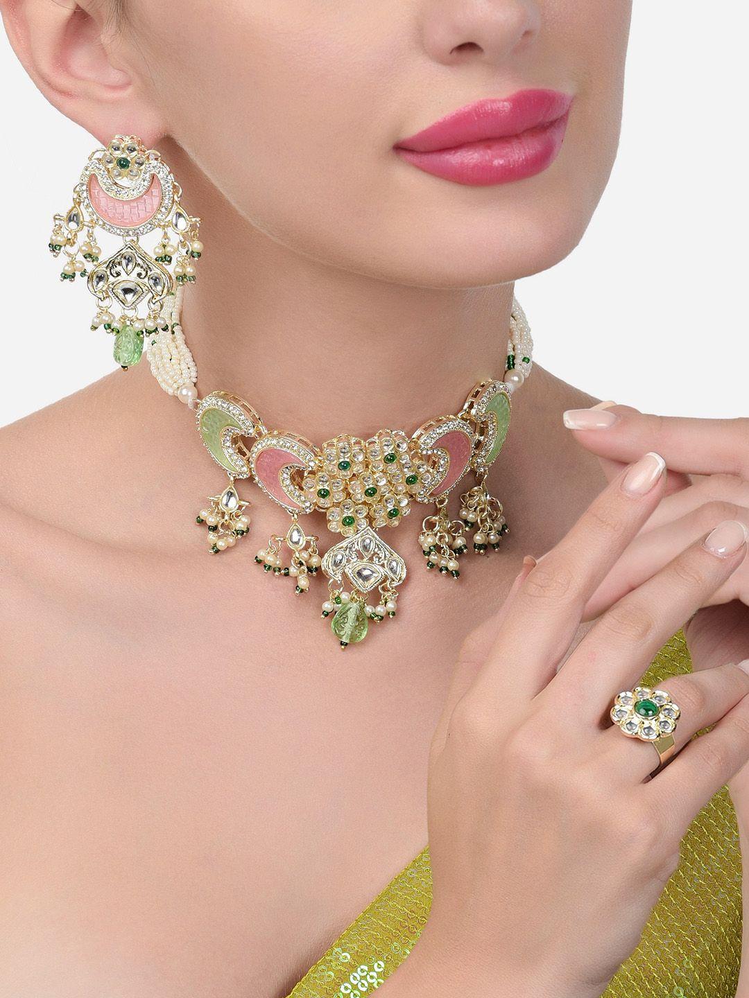 zaveri pearls gold-plated kundan studded & beaded meenakari jewellery set