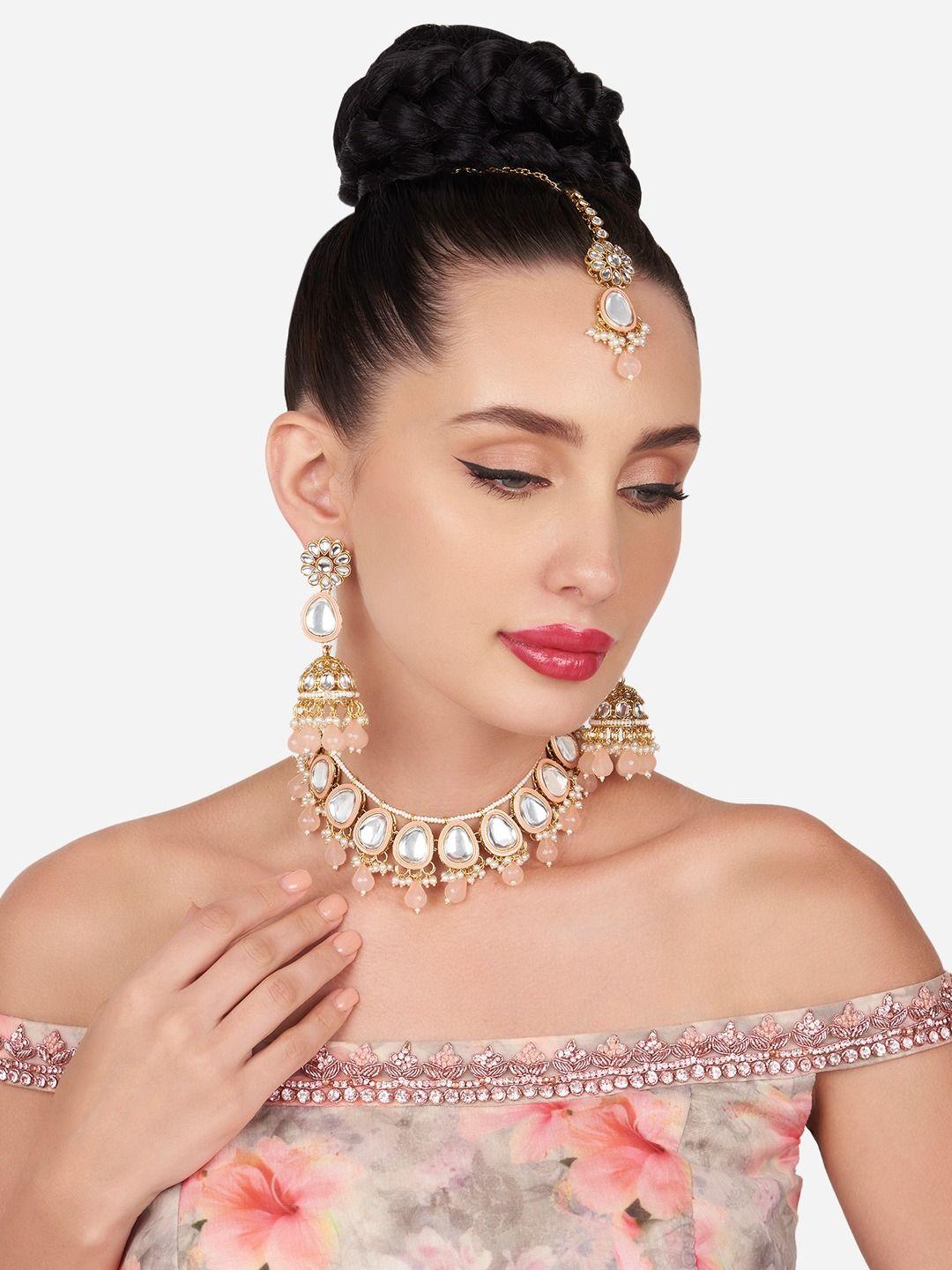 zaveri pearls gold-plated kundan-studded & beaded necklace & earrings