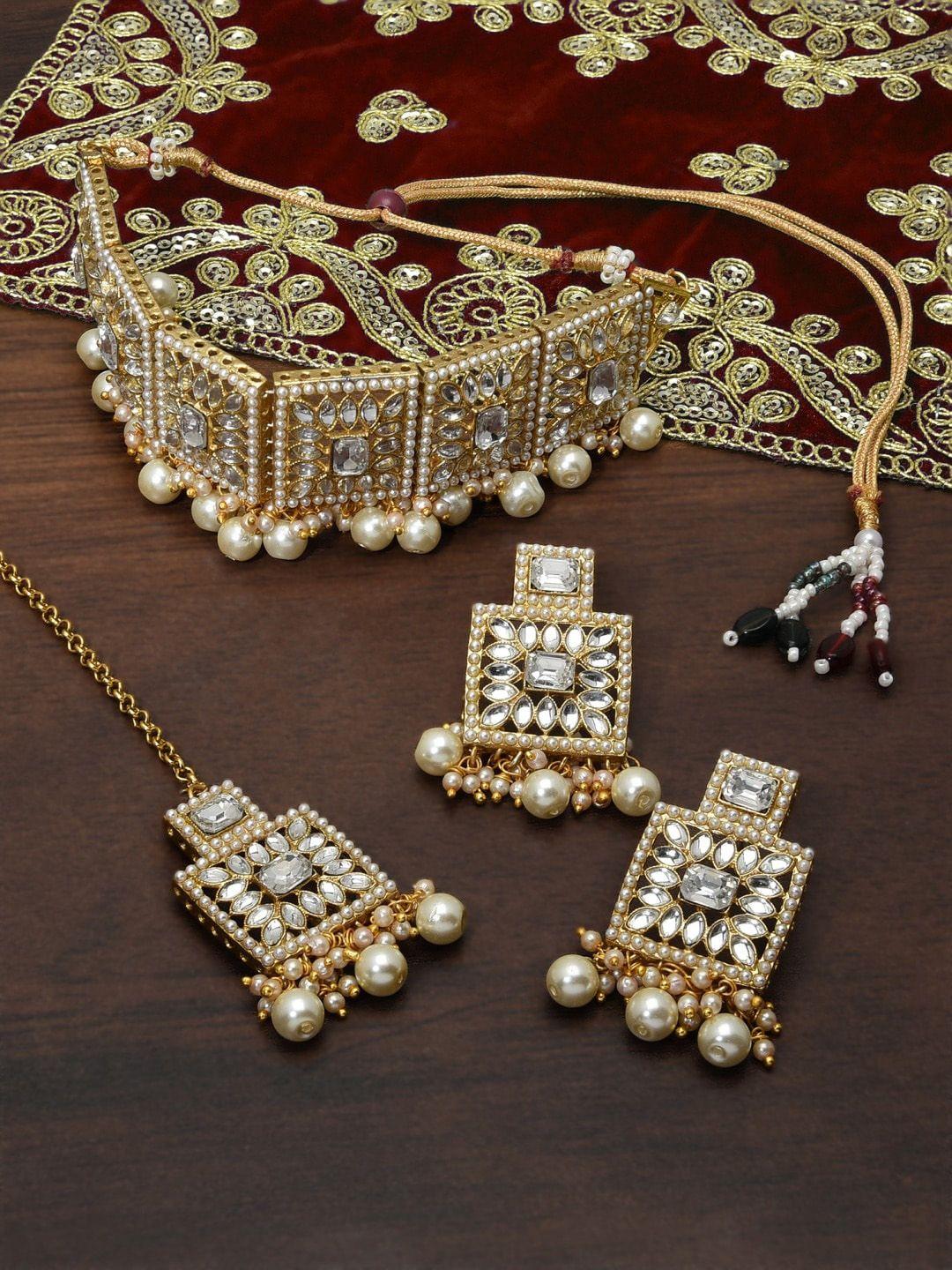 zaveri pearls gold-plated kundan-studded & pearl beaded jewelry set