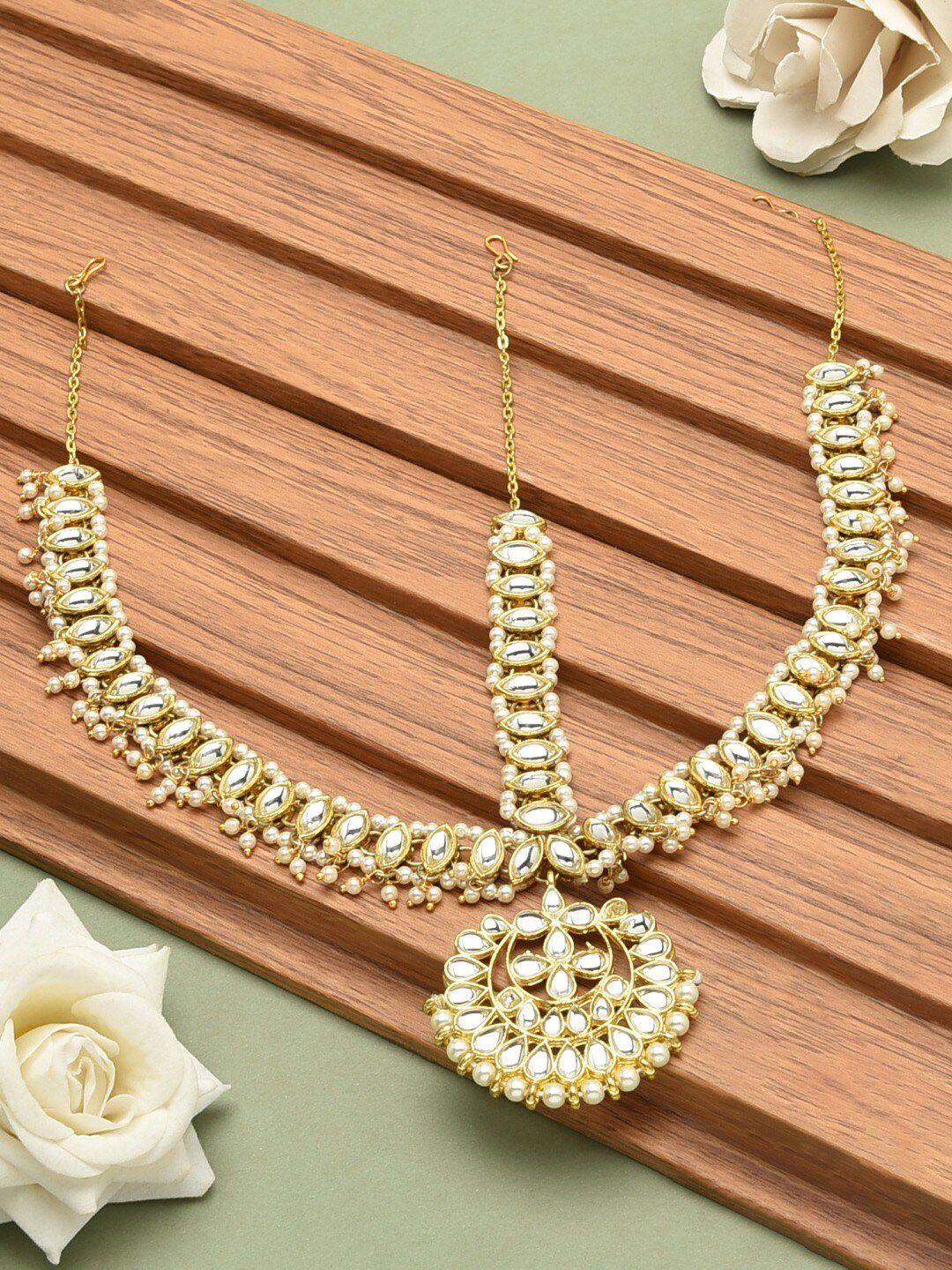 zaveri pearls gold-plated kundan studded bridal matha patti