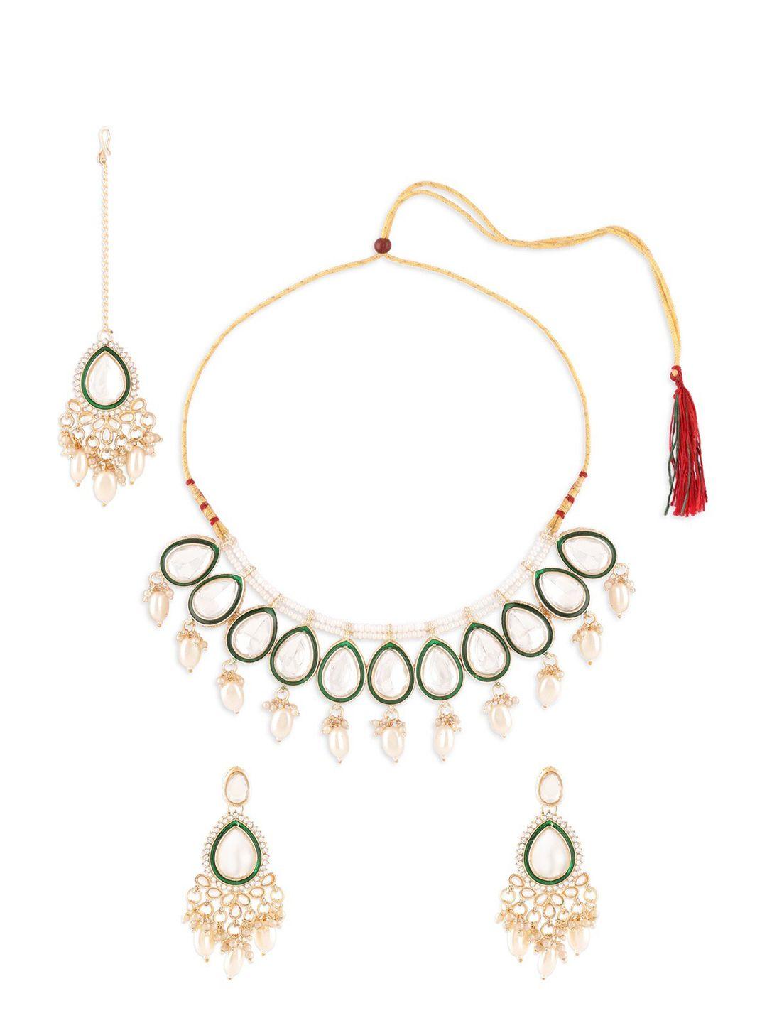 zaveri pearls gold plated kundan studded necklace and earrings with mangtika