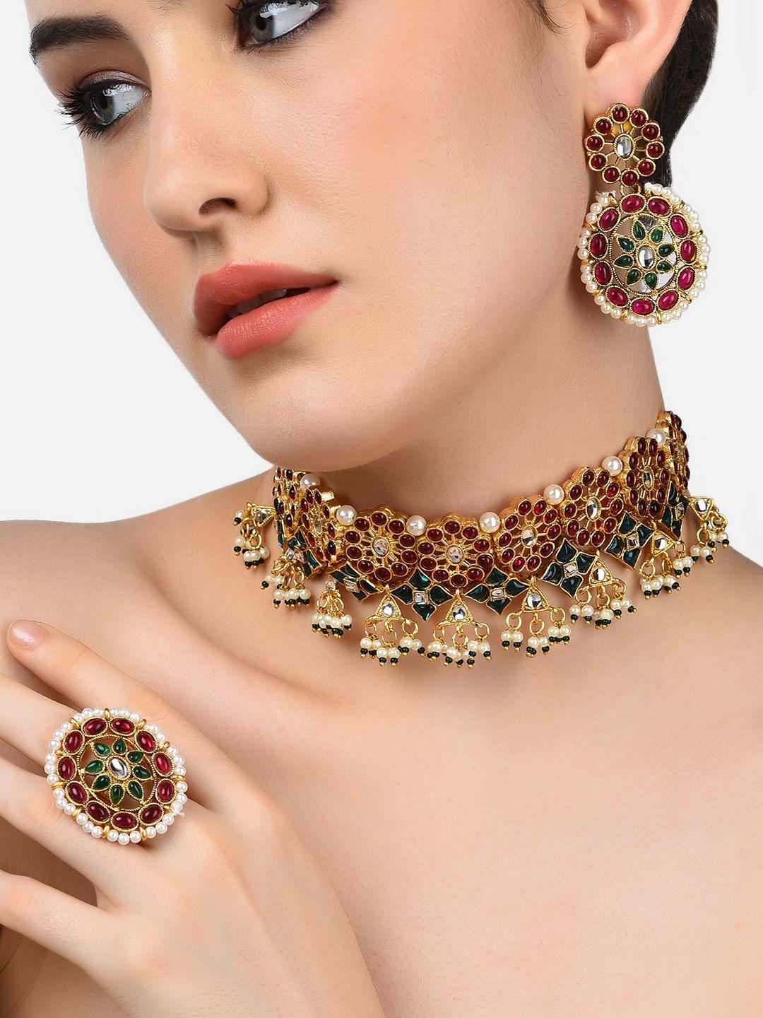zaveri pearls gold-plated maroon & green kundan-studded beaded jewellery set
