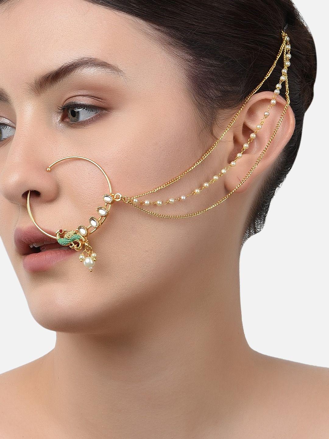 zaveri pearls gold-plated meenakari kundan chain linked bridal nose pin