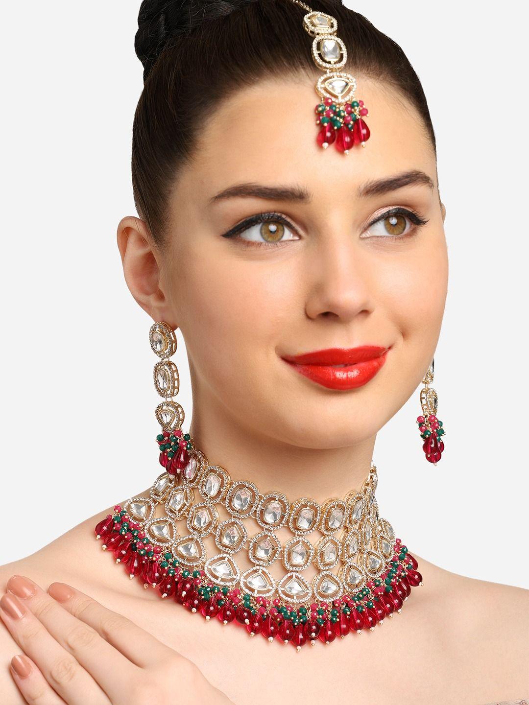 zaveri pearls gold-plated pearls & crystal stones studded jewellery set