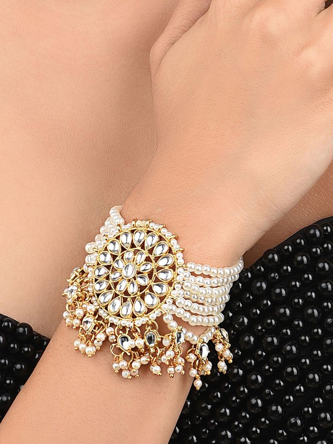 zaveri pearls gold-plated pearls & kundan studded wraparound bracelet