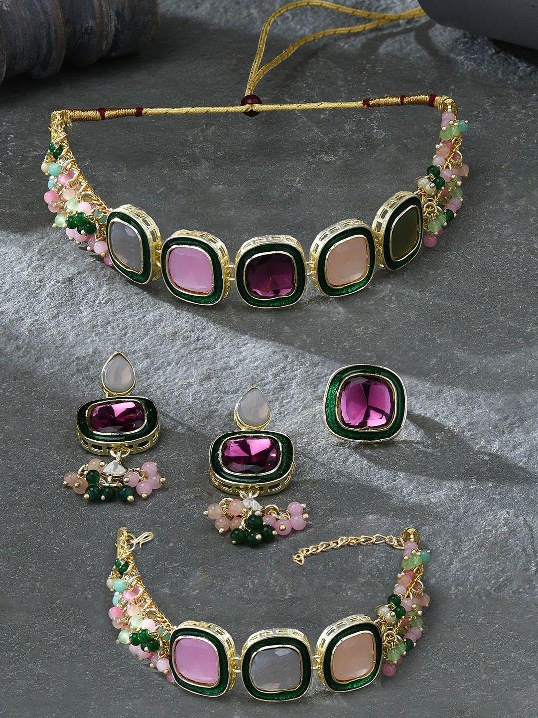 zaveri pearls gold plated stone studded & beaded jewellery set