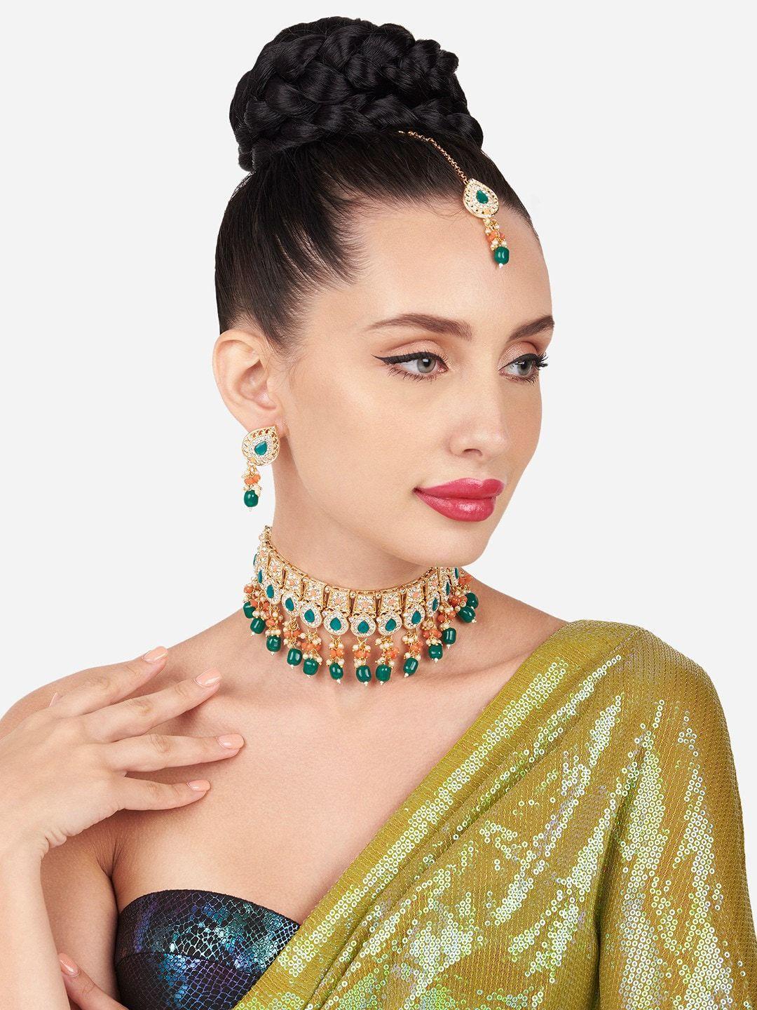 zaveri pearls gold-plated stone-studded & beaded necklace & earrings