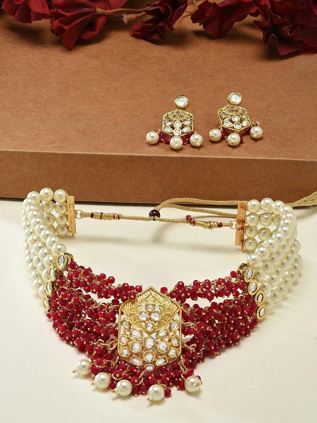 zaveri pearls gold-plated stone-studed & beaded jewellery set