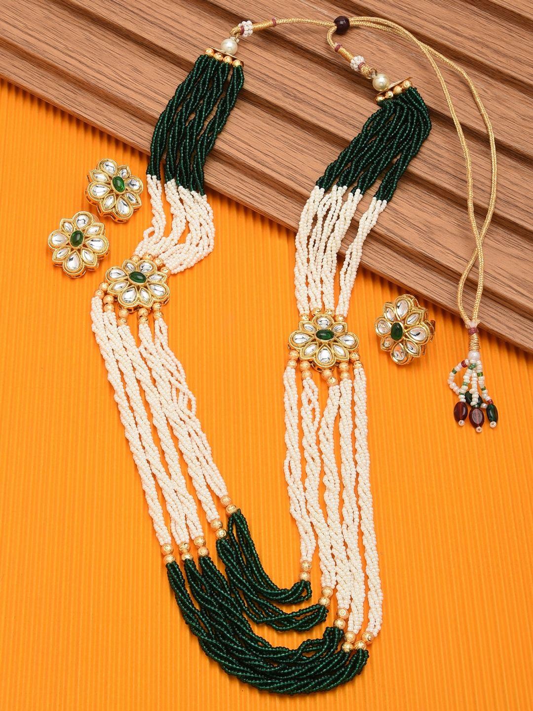 zaveri pearls gold-plated white & green kundan-studded & beaded layered jewellery set