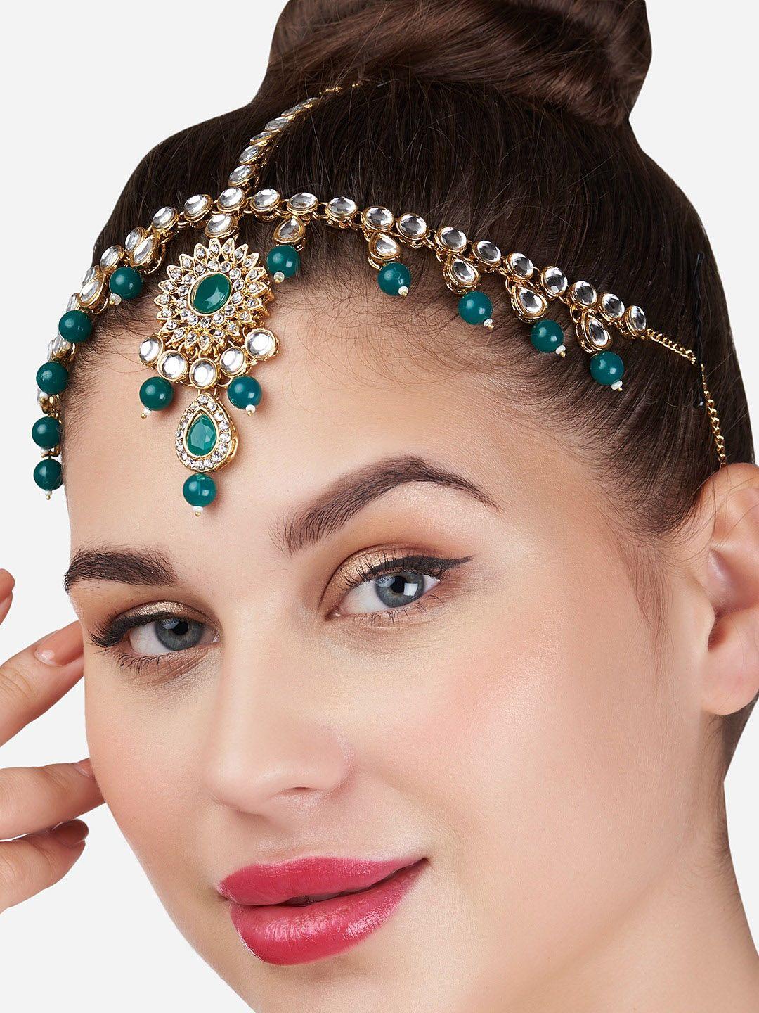 zaveri pearls gold plated white & green kundan studded head jewellery