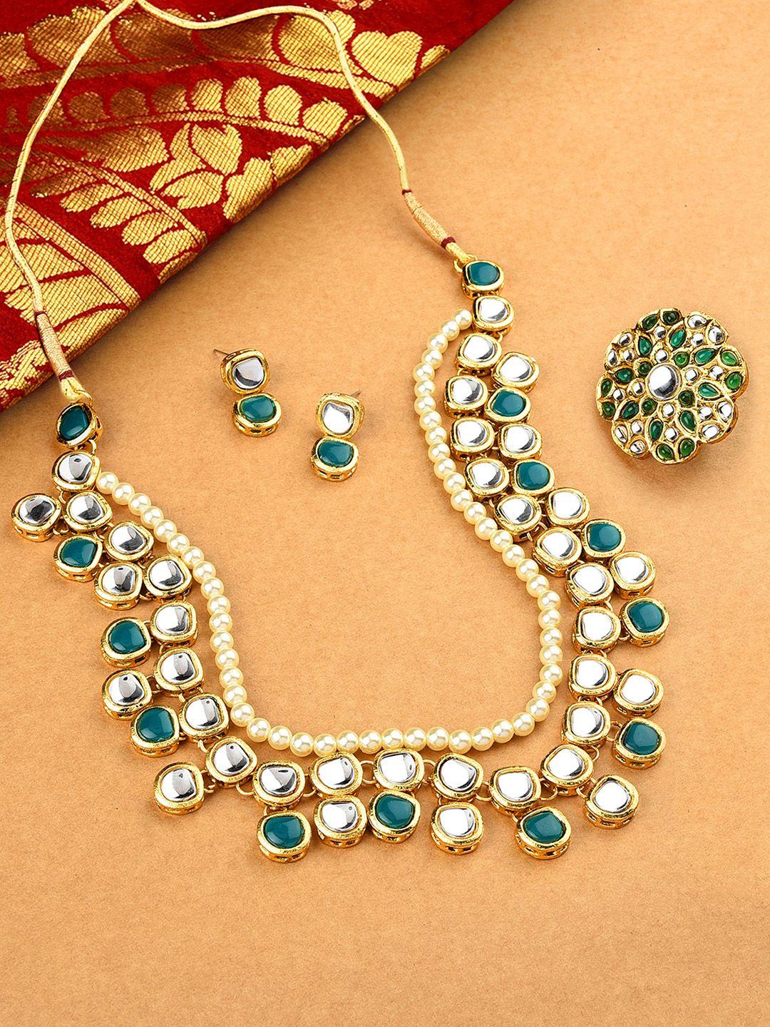 zaveri pearls gold-plated white & green stone-studded & beaded jewellery set