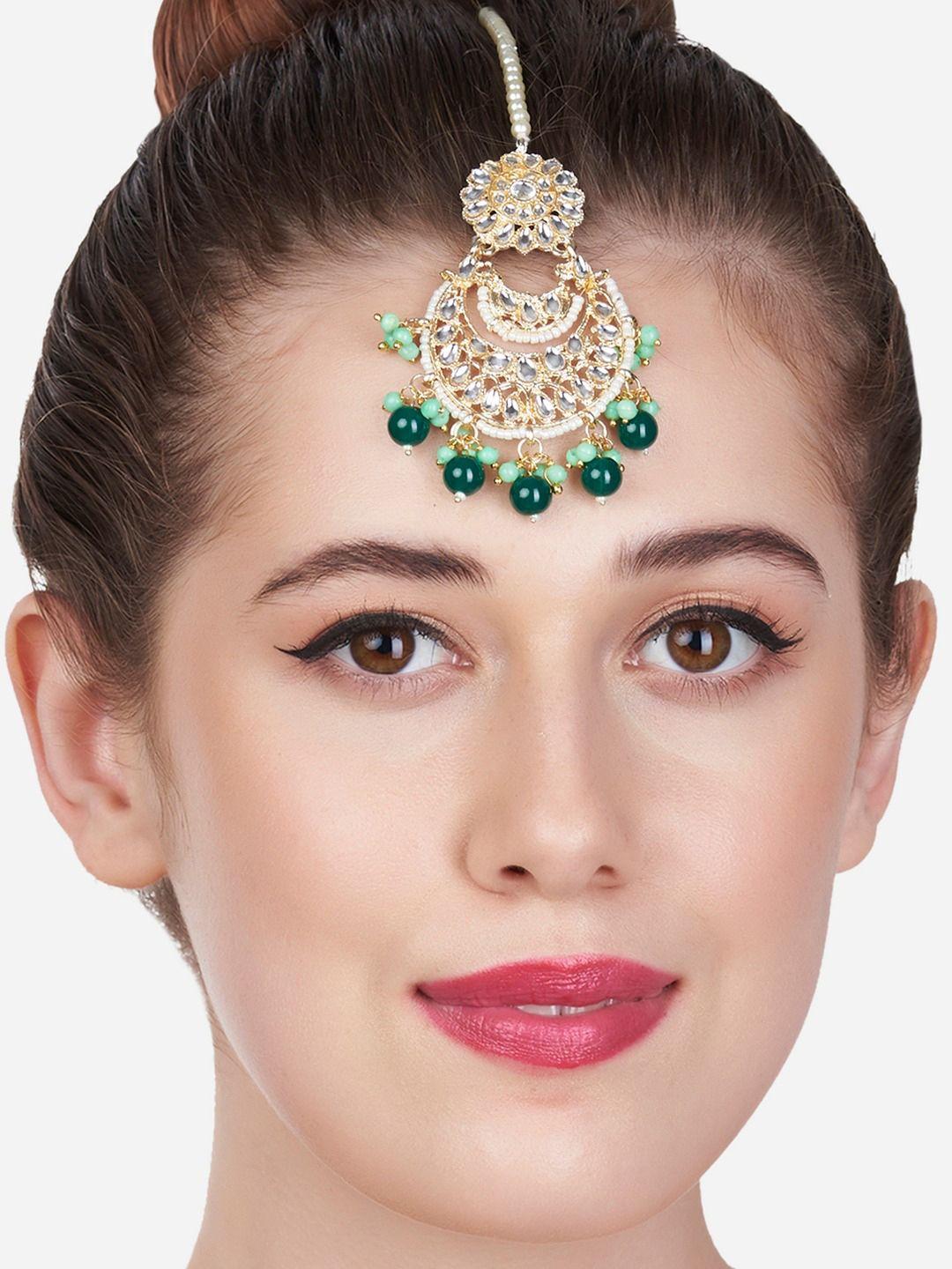 zaveri pearls gold-plated white & green stone studded & beaded maang tikka