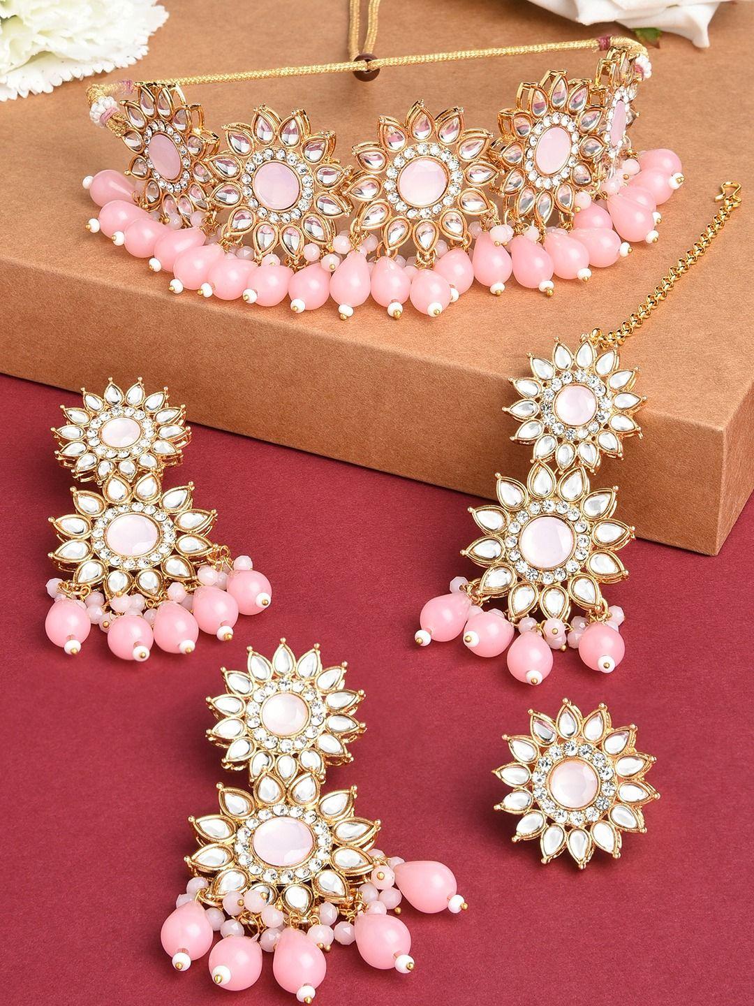 zaveri pearls gold-plated white & pink kundan studded & beaded jewellery set
